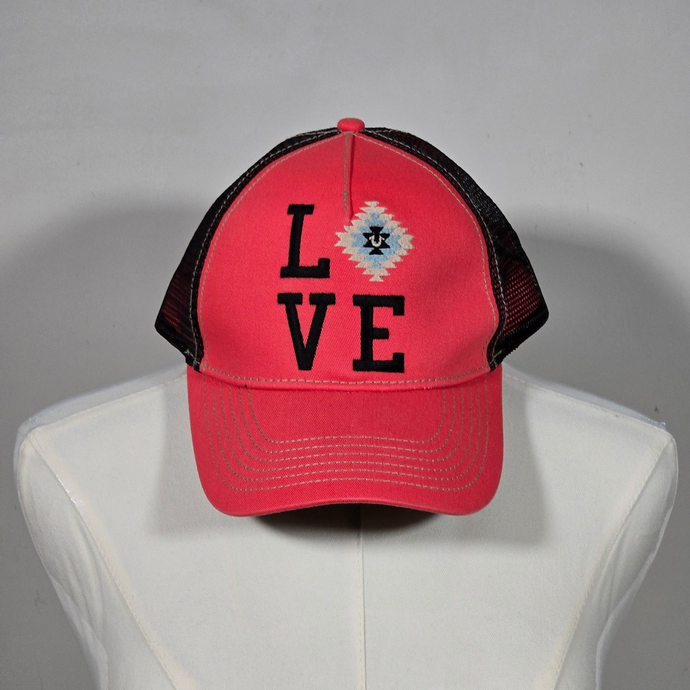 True Religion LOVE Trucker Hat Unisex Red Pink Black Mesh Embroidered Strapback